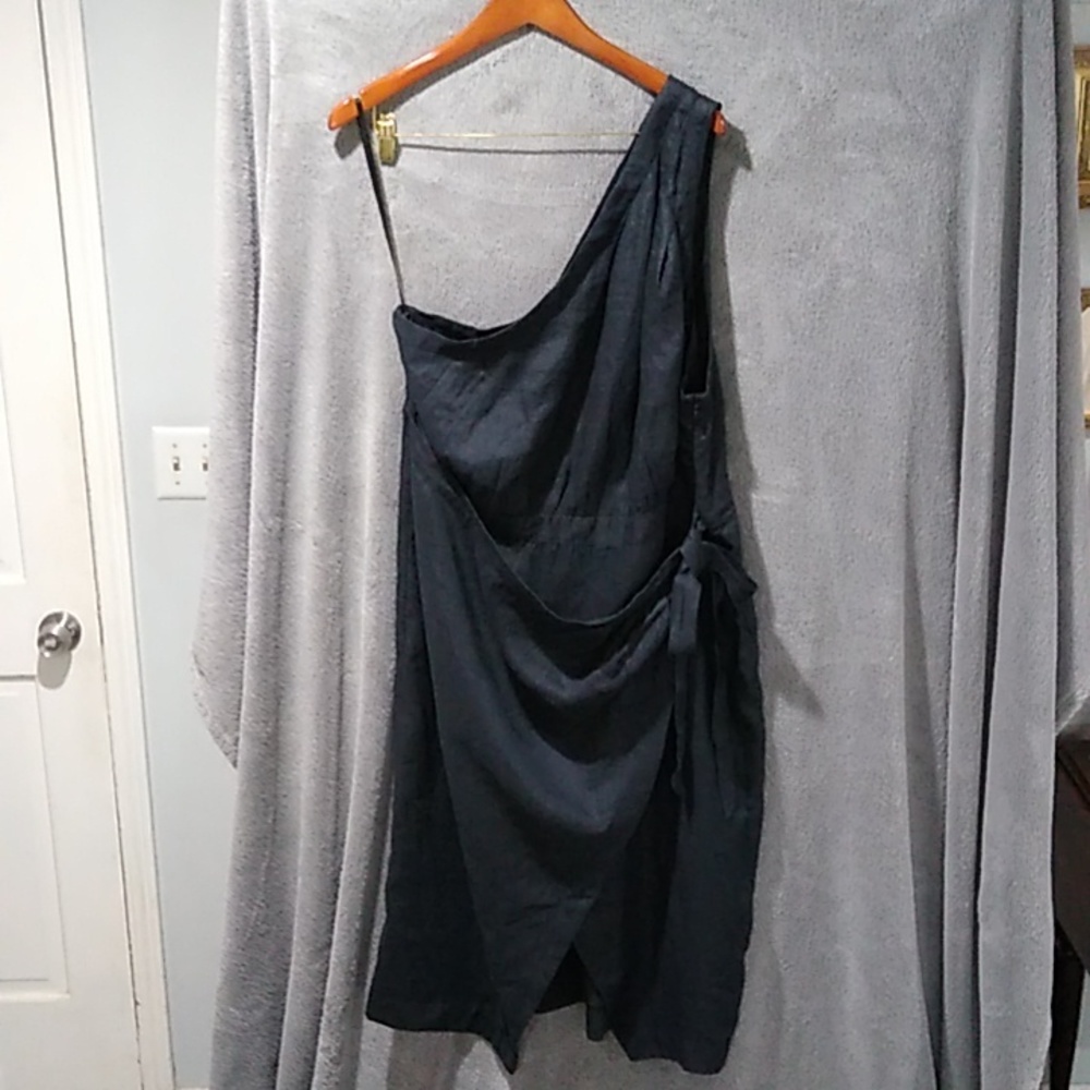 Anthropology Dress, Navy Blue, linen, one shoulder, wrap, Size 20